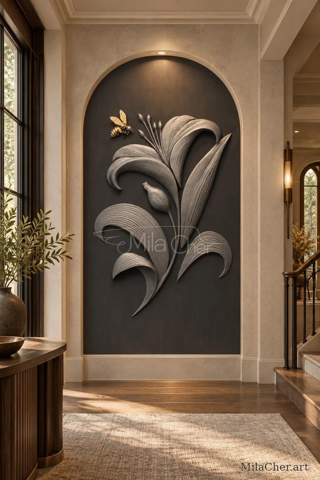 Black Lily sculptural relief with a golden bee, shown in a tall arched niche in a warm interior